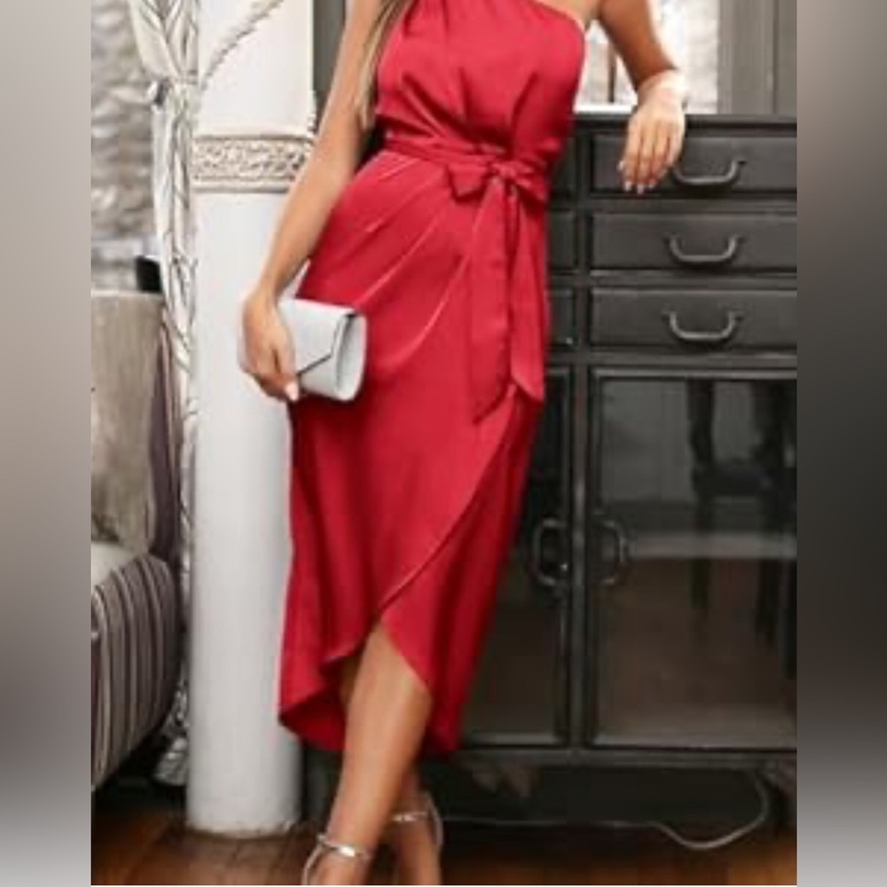 Red Satin Hi Lo Wrap Maxi Dress with 🌷 tulip hem